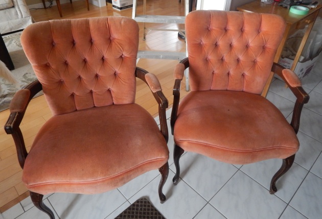 "Lovely" salmon coloured velvent Queen Anne chairs.